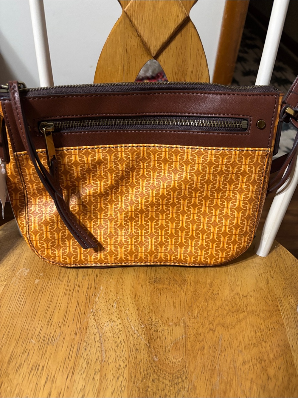 Fossil Orange Patterned Crossbody with Brown Leather Trim - Picture 3 of 7
